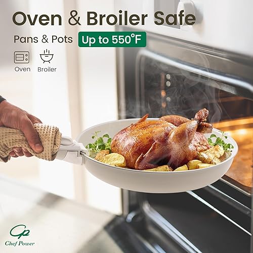 Miniatura 6 de Chef Power Juego de utensilios de cocina de cerámica no tóxicos con asas desmontables, sartenes y ollas antiadherentes saludables, juego de 19