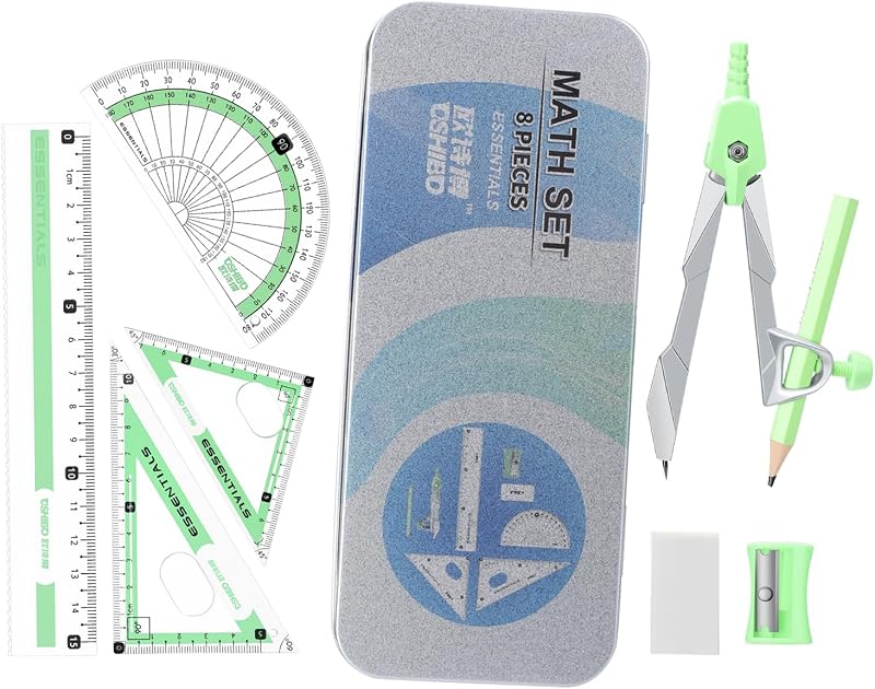 Compass Geometry Tool 9 Pcs Protractor and Compass Set Geometry Set Drawing Compass with Shatterproof Storage Box Includes Rulers Protractor Compass Eraser Pencil Sharpener Green