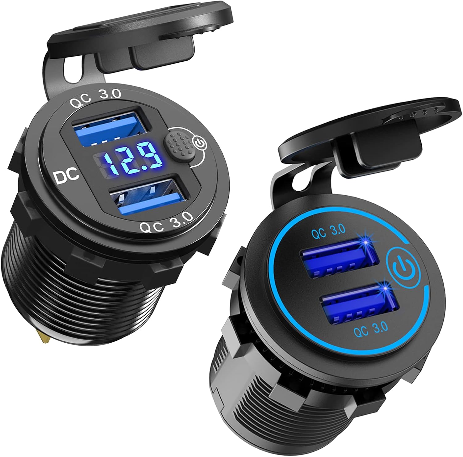 Quick Charge 3.0 Dual USB Socket, Qidoe Aluminum Metal 12V/24V USB Outlet with LED Voltmeter & ON/Off Switch for Car Boat Marine ATV Bus Truck and More