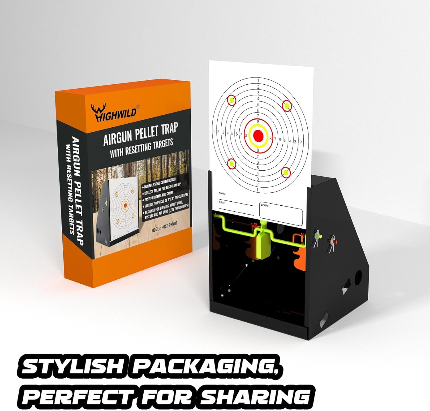 Highwild BB Trap Pellet Collector Resetting Target (Airgun Only) with 10pcs 7" X 9" Paper Targets and 3 Spinner Targets