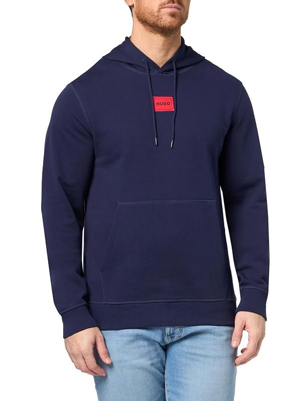 HUGO, Regular Fit Square Logo Jersey Hooded Sweatshirt, evening blue, M by HUGO - Used condition - US$44.72