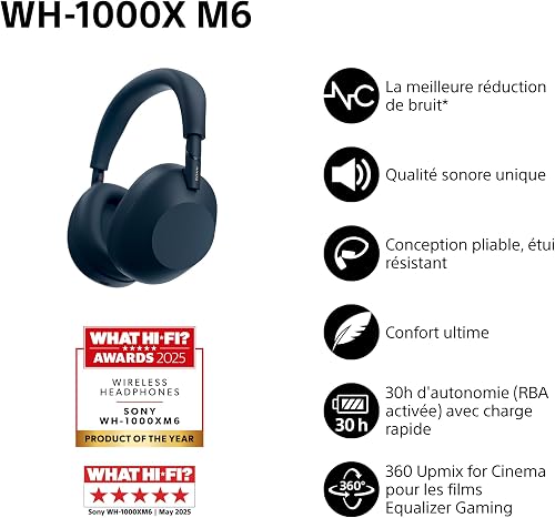 Sony WH-1000XM6 Casque sans-Fil Bluetooth à réduction de Bruit Noir, Son Hi-Res Unique, Confortable, Conception Pliable, Etui résistant, 30h Autonomie, iOS & Android - Bleu Nuit - 2