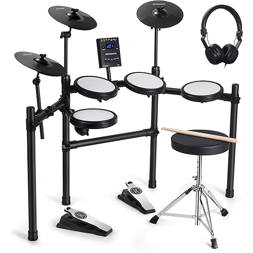 Electric Drum Set, Electronic Drum Kit for Beginner Junior with 180 Sounds, 4 Quiet Mesh Pads, 10" Cymbals, USB MIDI, 2 Pedal, Throne, Headphones, Sticks