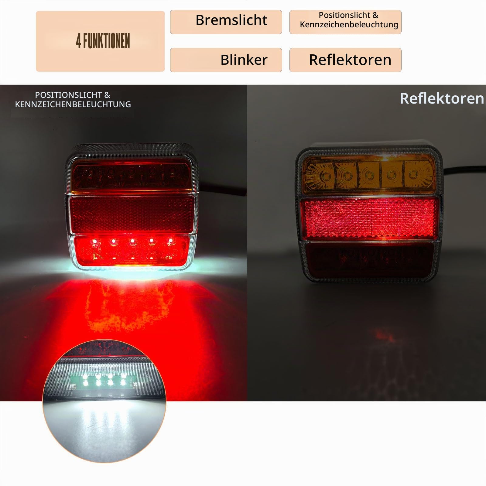 2 Stück 12 V Universell LED Rückleuchten Anhänger mit E-Prüfzeichen, 5 Funktionen: Bremse, Position, Blinker, Kennzeichenbeleuchtung, Reflektor