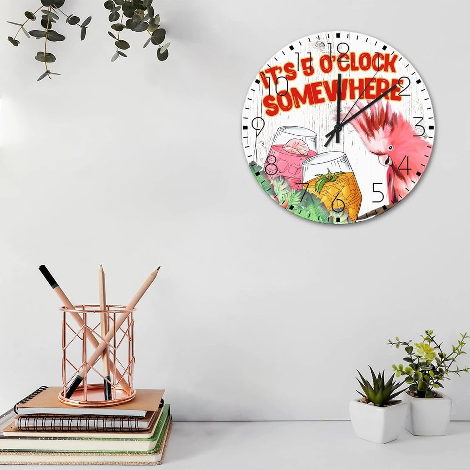 12" Silent Non-Ticking Wall Clocks Battery It's Five O'clock Somewhere Wooden Wall Decor for Bedroom Parrot Flowers Flamingo Beach Farmhouse Round Wooden Wall Clock Rustic for Exercise Room Workshop