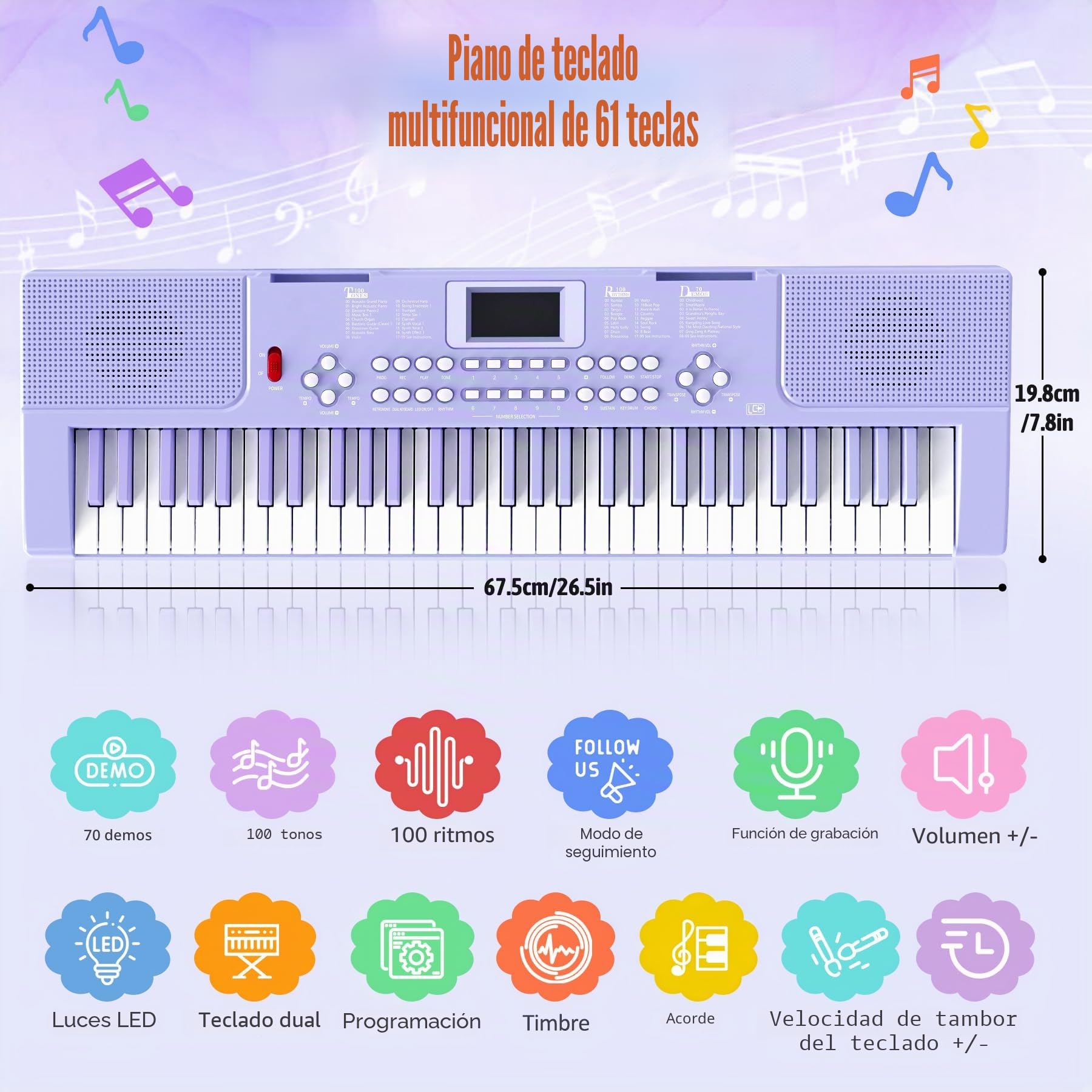 Piano digital electrónico para niños con teclas iluminadas, portátil, de 61 teclas, juguete musical educativo para principiantes con atril y micrófono. (Púrpura)