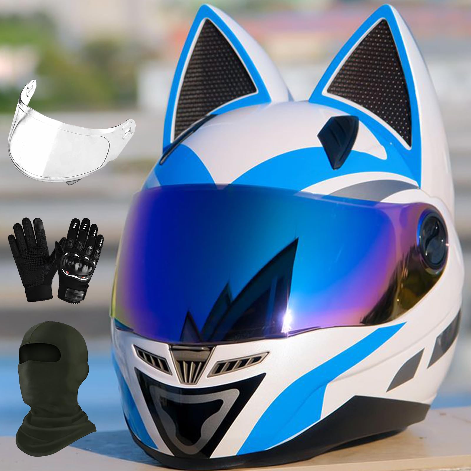 CFZWJ ECE Homologué Intégral Chat Oreilles Casque De Moto Moto Modulaire Intégral Avec Visière Pour Jeunes Adultes Hommes Femmes Street Bike Racing Motocross ATV Casque