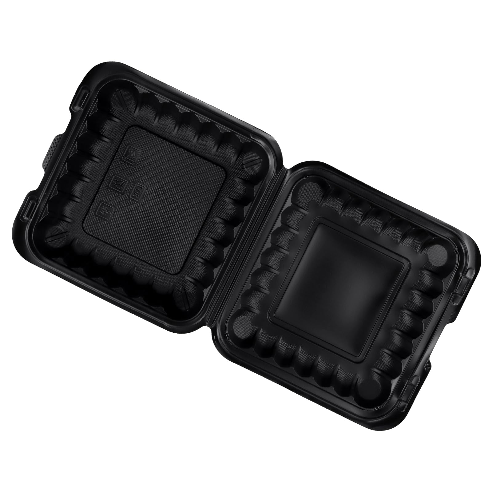 SINJEUN 70 Stück Clamshell Lebensmittelbehälter, 20,3 x 20,3 x 7,1 cm, wiederverwendbare schwarze Take Out Boxen mit Deckel, Kunststoff To Go Behälter für Frühstück, Mittagessen, Salat, Klapp-Design