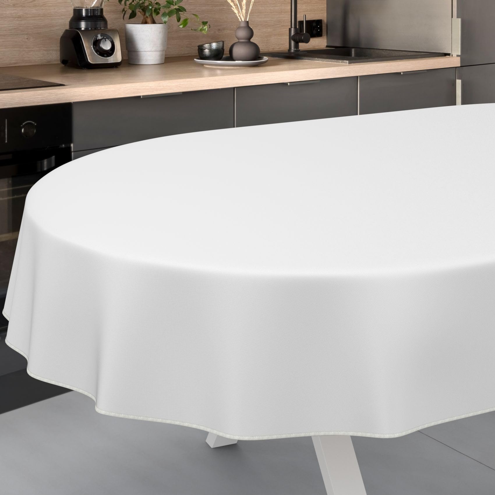 ANRO Oilcloth Tablecloth, Washable, Oilcloth, Garden Tablecloth, Outdoor, Indoor, Oval, 160 x 140 cm with Hem, White