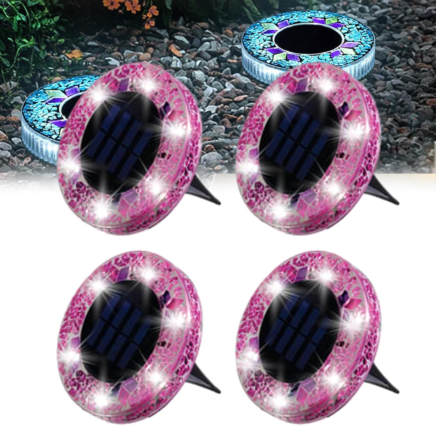 Aukojoy Pink Mosaic Solar Disk Light, Waterproof Outdoor Glass Led Garden Stake Lighting, Colorful Landscape Yard Decor For Walkway, Patio & Lawn, Auto On/Off Decorative Driveway Lamps