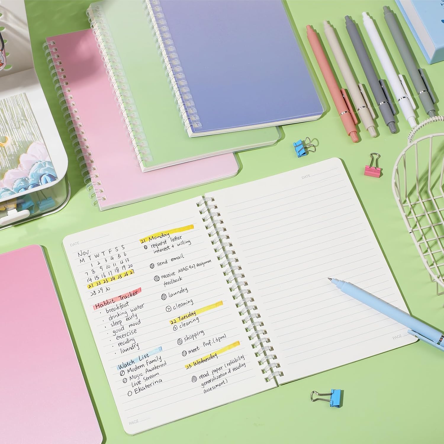 Spiral Notebooks Set, 9 Pcs A5 College Ruled Journals with 6 Black Ink Gel Pens, 6 Colored Ink Gel Pens, 6×0.5mm & 6×0.7mm Refills, Perfect for School Work Journaling