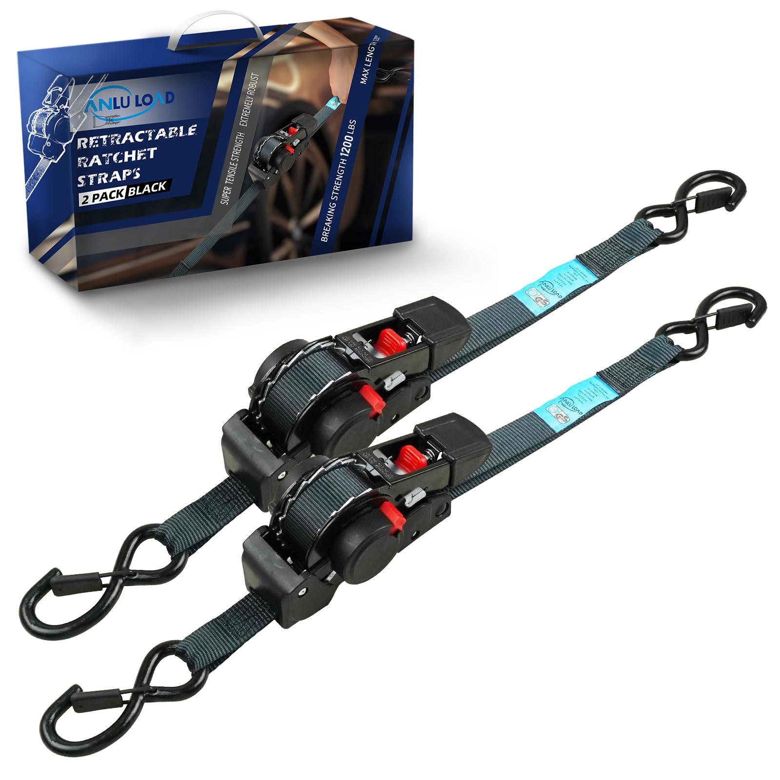 Correa de trinquete retráctil (1 pulgada x 11 pies), correa de amarre de trinquete para motocicletas, barcos, ATV, Utvs. Peso neto: 700 libras/B.S: 2.2 libras (negro/2 paquetes)