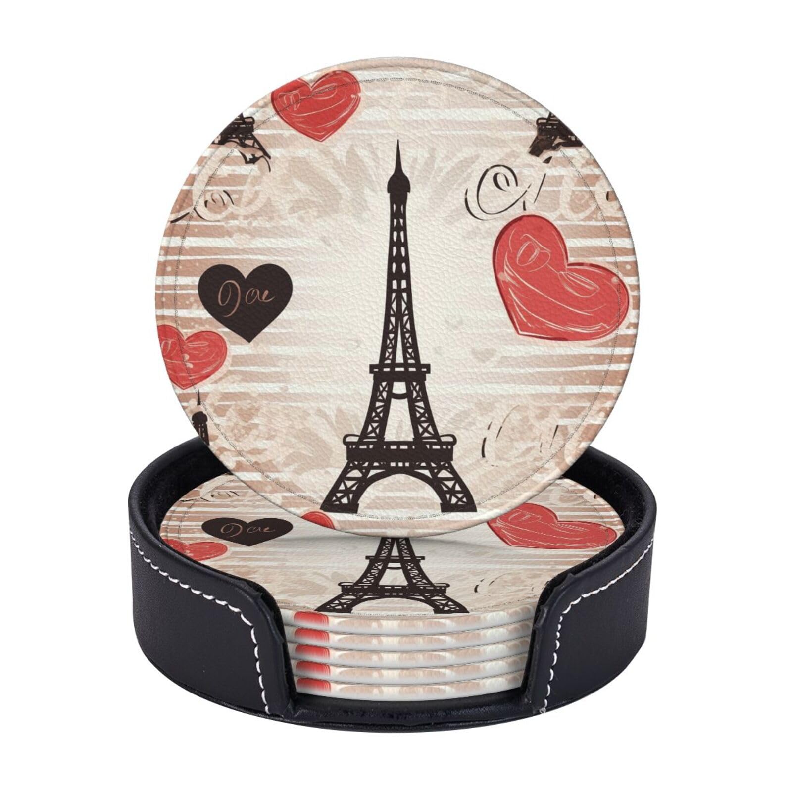Djfrlcpwsj Paris Eiffel Tower Heart Drink Coasters Set Of 6 Coffee Leather Coaster With Holder Coasters For Drinks Coffee Cup Mat Heat Resistant Tabletop Protection Coaster Desk Accessorie Home Decorative