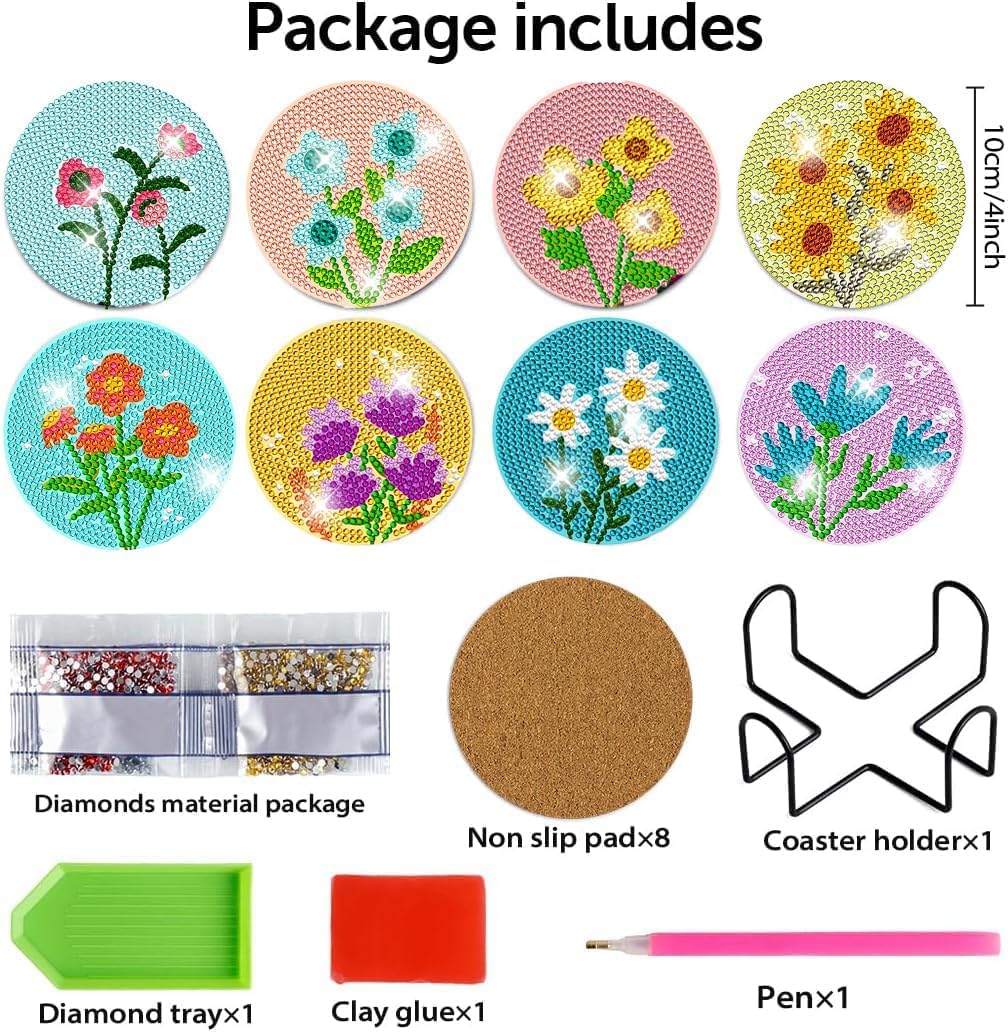 8 Pcs Flowers Diamond Art Coasters Kits with Holder - Image 2