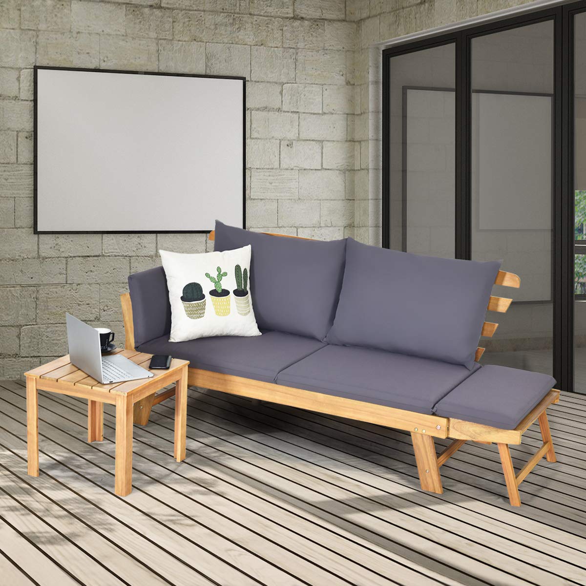 COSTWAY Gartenbank mit Liegefunktion, Gartensofa mit Auflagen und klappbaren Armlehne, Balkonbank aus Akazienholz, Balkonsofa, Gartencouch für Garten, Terrasse, Balkon, 198 x 75 x 75 cm (Grau)