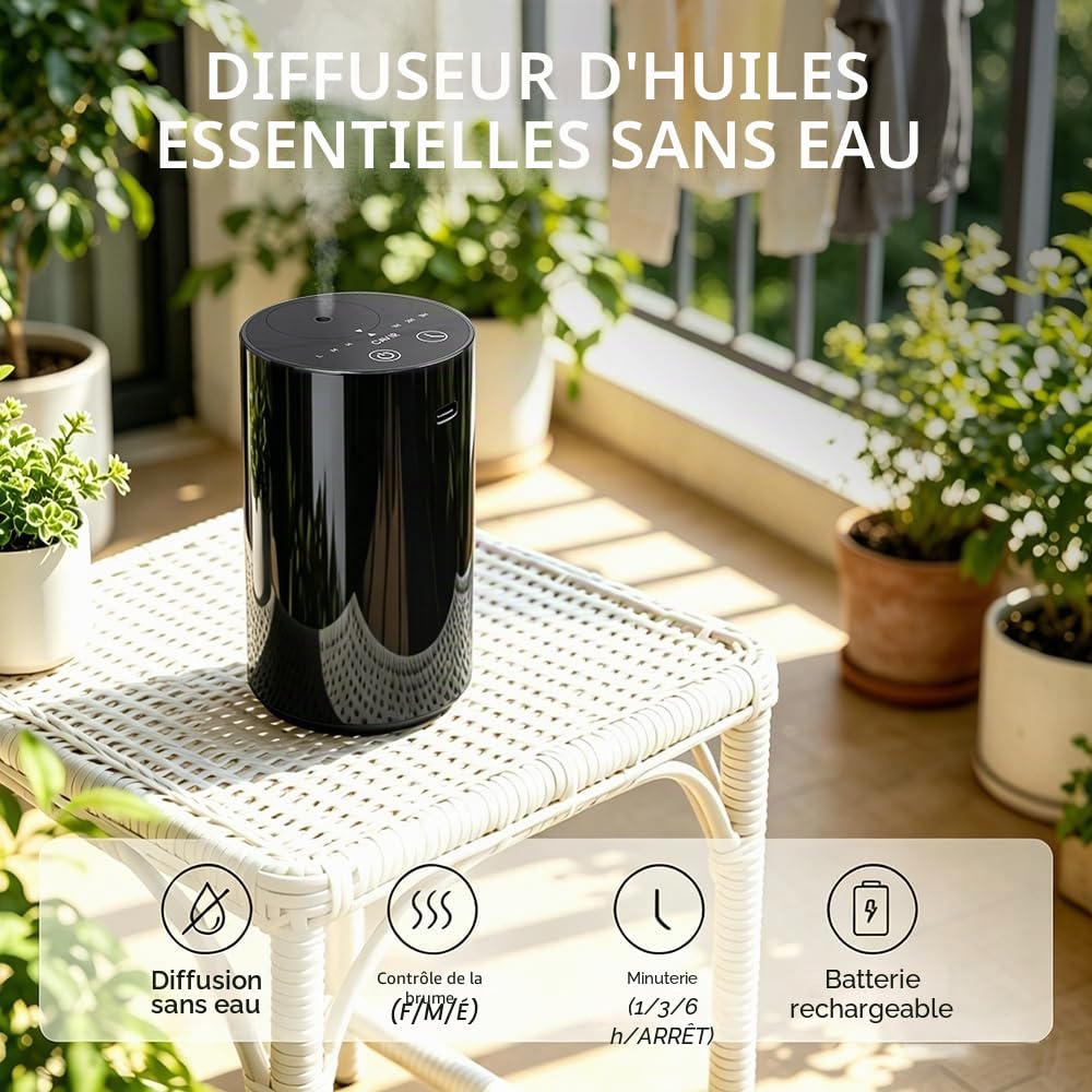 Cavir Diffuseur d'huiles essentielles sans Eau - Mini Machine à air Portable - Aromathérapie - Charge USB - 1/2/3H/temps - 3 Niveaux de Brume - pour la Maison, la Voiture, Le Bureau