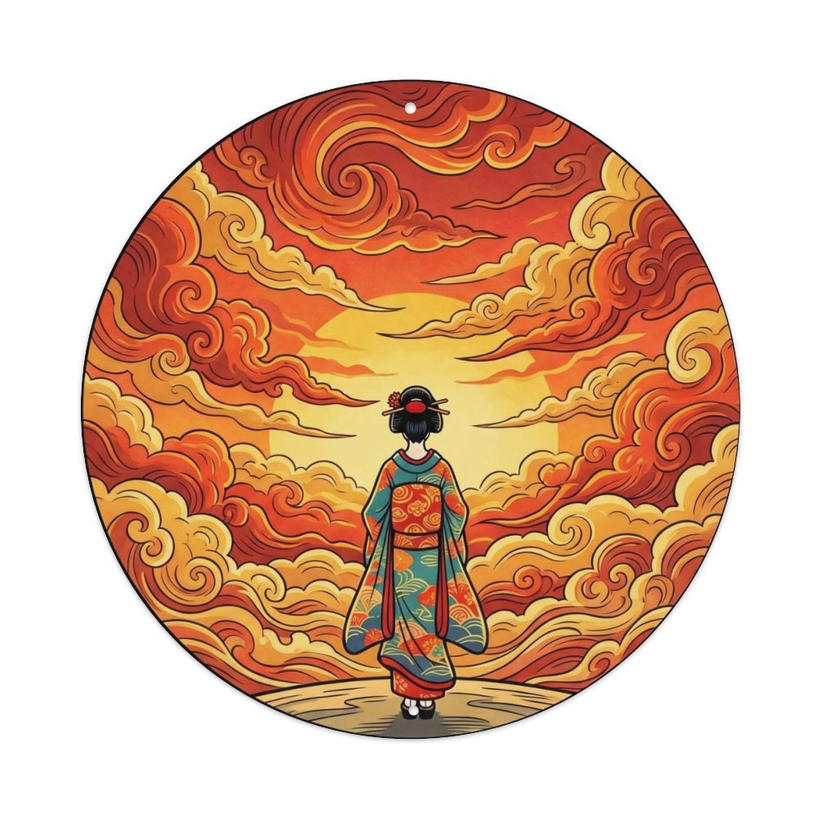 Tgrcjimh Style Metal Tin Sign Japanese Fiery Sunset Clouds Geisha Observing