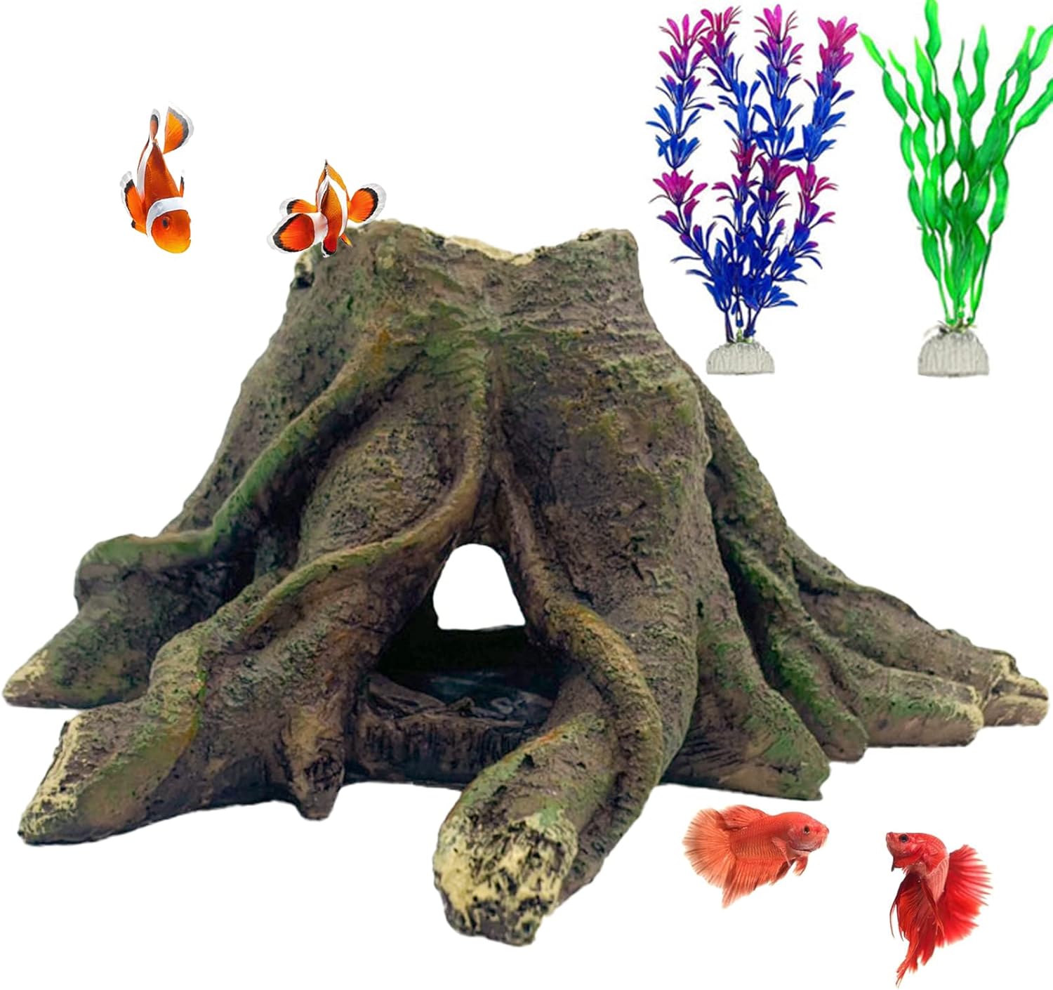 Aquarium Landscape Tree Stump Artificial Resin Tree Hole Ornament Hollow Trunk Cave Betta Cave Rocks Fish Tank Decoration for Cichlid Hiding