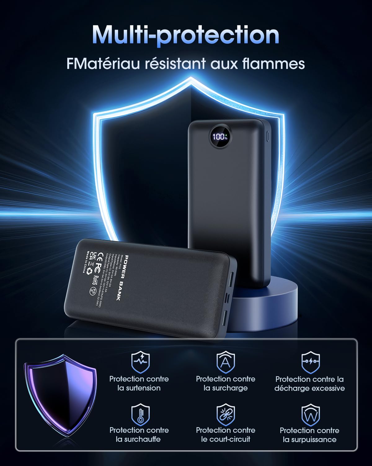 Batterie Externe 50000mAh Charge Rapide,Câble 3 en 1 Power Bank Grande Capacité 22,5W, USB-C avec 3 Sorties 2 Entrées Écran LED Chargeur Portable, Compatible avec Smartphone Android,Tablet Noir