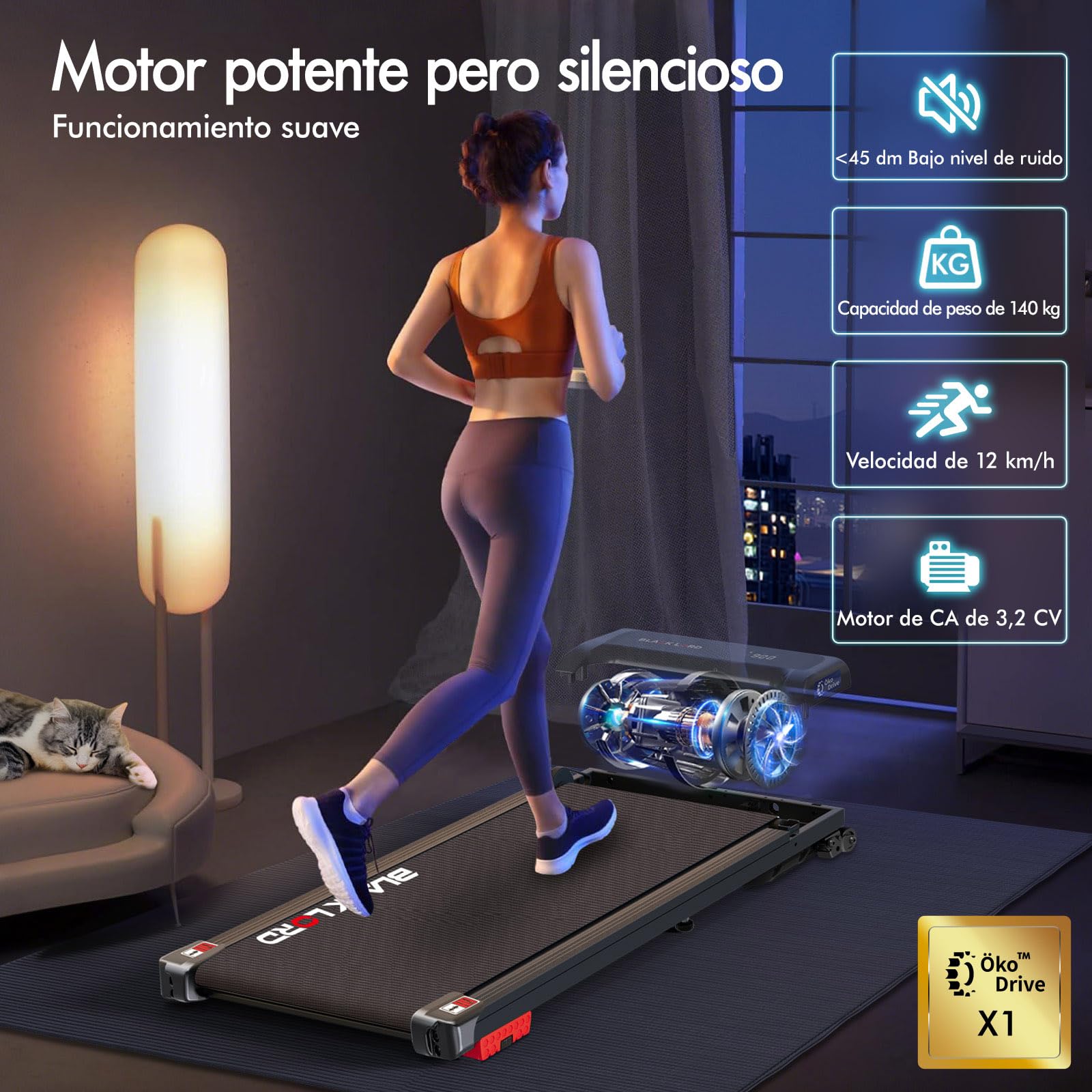 BLACK LORD Cinta de Correr, Walking Pad 9/12/16km/h, Superficie de Carrera con/sin inclinación del 9%, para Debajo del Escritorio, Pantalla LED, portátil,silenciosa,Capacidad de Peso de 120/130/140kg
