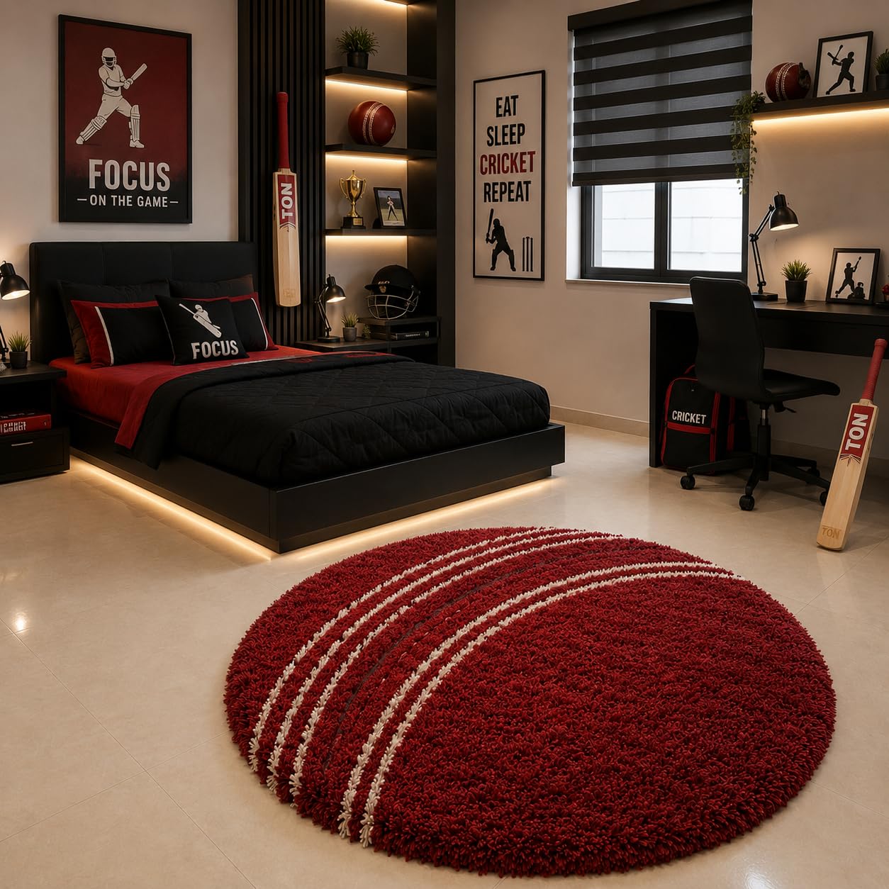 Rugby Theme Rug – Shaggy Soft Carpet, Round Area Rug, Polyester, Sports Design Mat for Bedroom, Kids, Teen, Playroom, Living Room-(Cricket Ball,3X3 FEET)-image-46