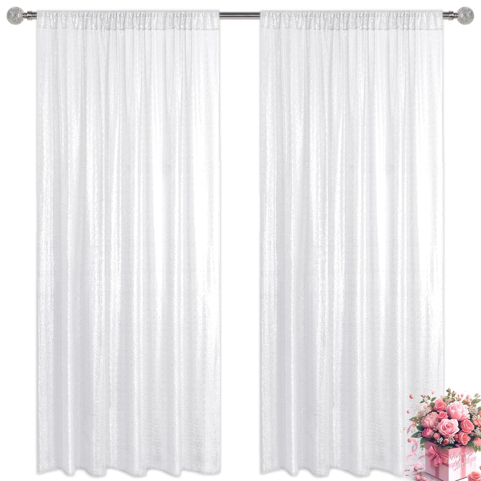 Yblut White Sequin Backdrop Curtain 2 Pieces 2FTx8FT Glitter Photography Backdrop for Party Wedding Birthday Christmas Decorations