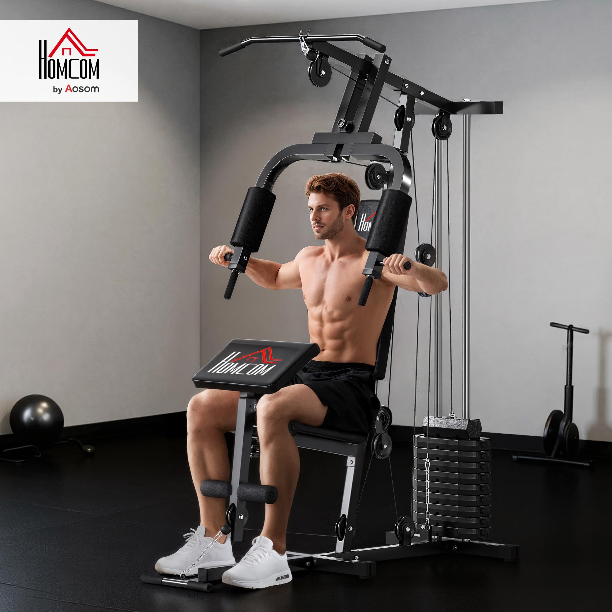 HOMCOM Station de Musculation Multifonction avec Stack de 65 kg, Double Poulie, Station de Développé Couché, Butterfly, Plateforme à Biceps & Développeur de Jambes, Noir