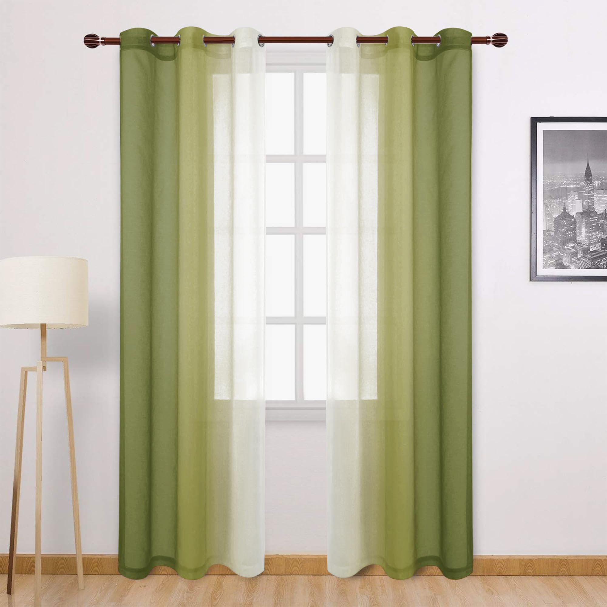 DWCN Olive Green Ombre Sheer Curtains - 84 inches Long Faux Linen Gradient Semi Voile Curtains for Bedroom and Living Room, Set of 2 Grommet Top Window Curtain Panels, 42 x 84 Inches Long โ image 1