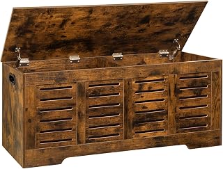 DINZI LVJ 47.3" Rustic Brown Wooden Storage Chest Toy Box with 2 Safety Hinges - Flip Top Entryway Shoe Bench for Bedroom, Living Room