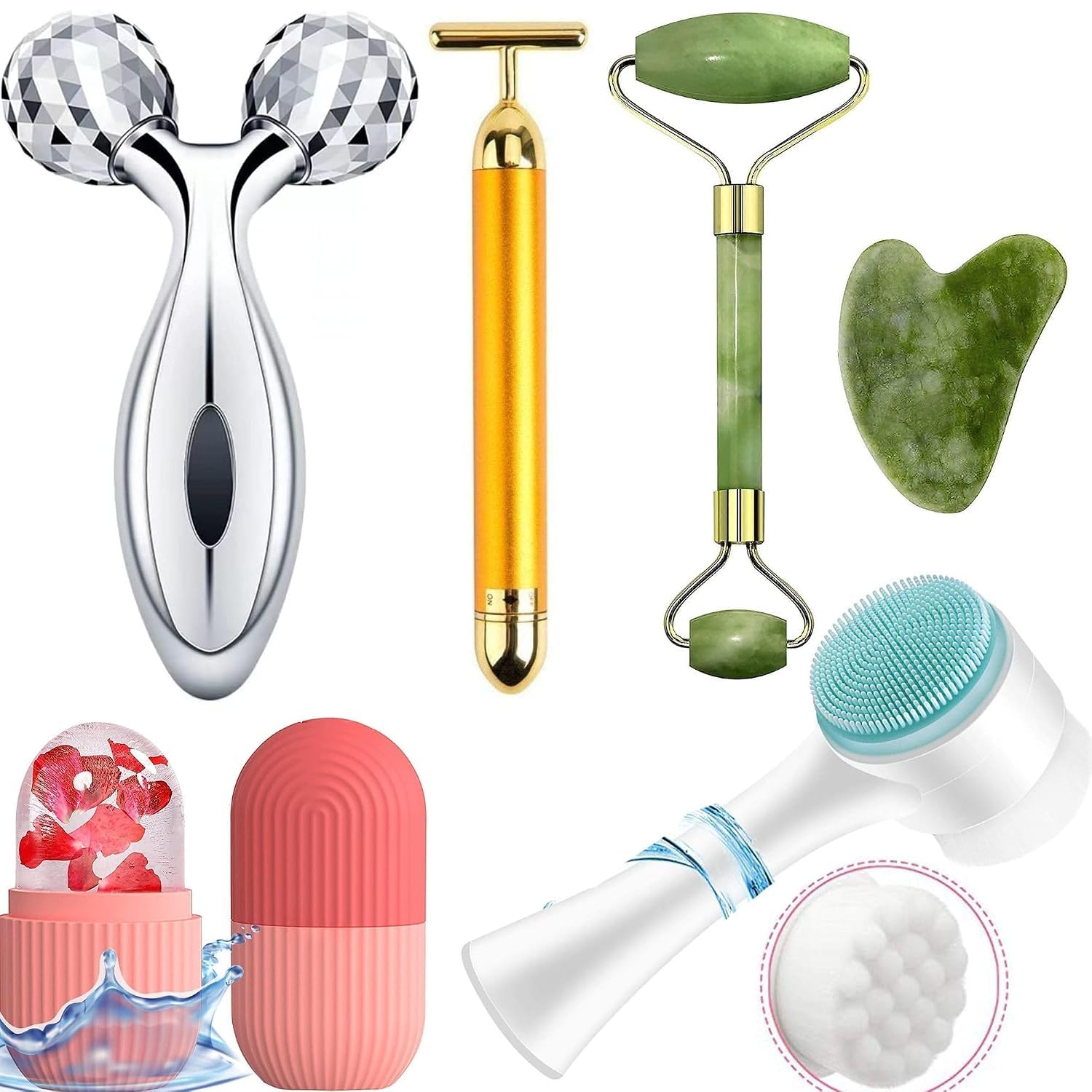 6-in-1 Face Massager & Skincare Combo Kit | 3D Face Roller, T-Bar Face Massager, Jade Roller, Gua Sha Stone, Ice Roller & Double-Sided Silicone Facial Cleansing Brush for Face, Neck & Jawline | Women & Men-image-33