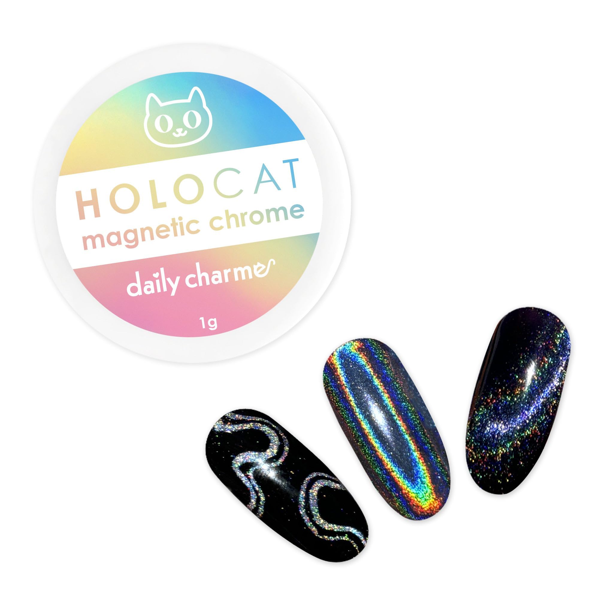 Holographic 3-in-1 Cateye Magnetic Nail Chrome Powder 1g, Holo Rainbow Cat Eye Effect, Home DIY/Nail Salon Manicure (Holographic Silver)