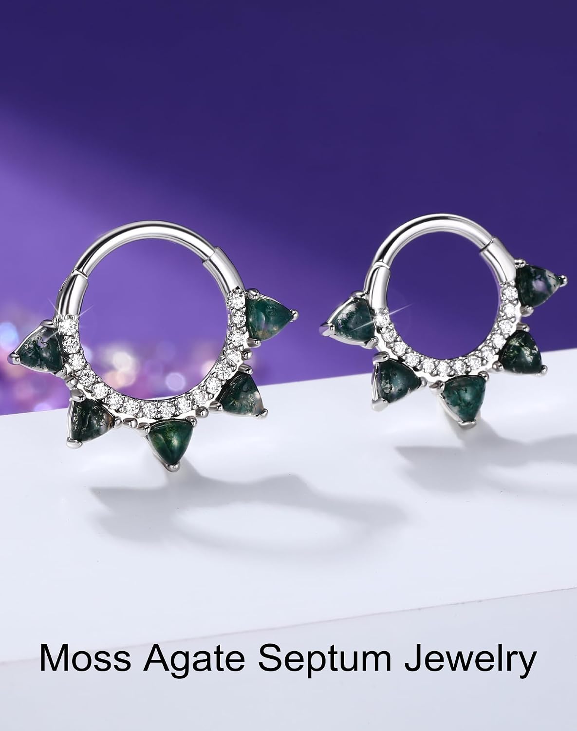 Jewseen Moss Agate Septum Rings 16G Natural Stone Septum Piercing Jewelry 316L Surgical Steel Daith Earrings for Women 8MM 10MM Cute Helix Cartilage Daith Piercing Jewelry Hypoallergenic