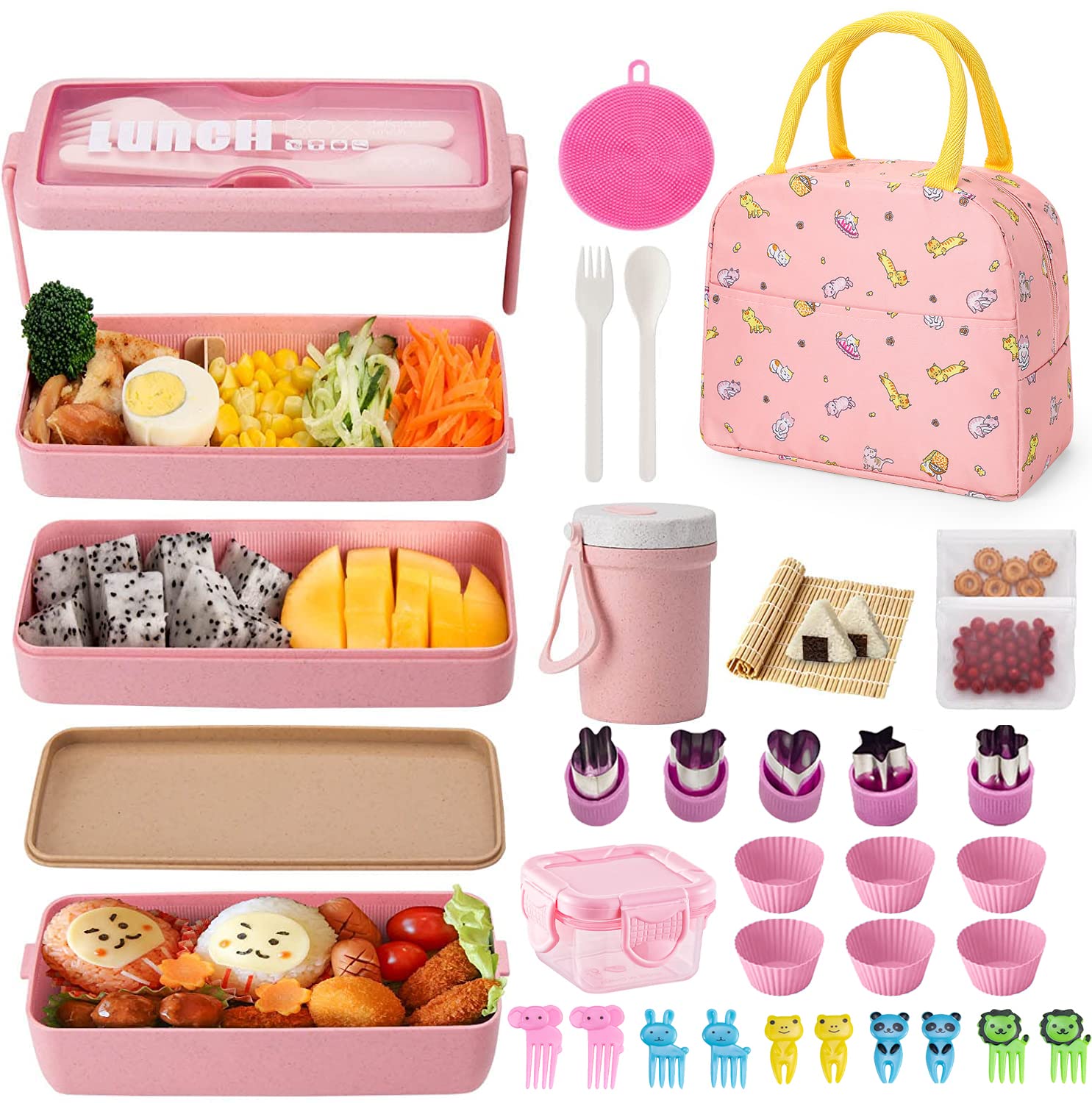 TOMVAES Bento Box Lunch Box Kit,Japanese Lunch Box 3-In-1 Compartment,Leakproof 3 Layer Lunch Box Lunch Container,Bento Lunch Box for Kids and Adults as Salad, Snack,or Sandwich