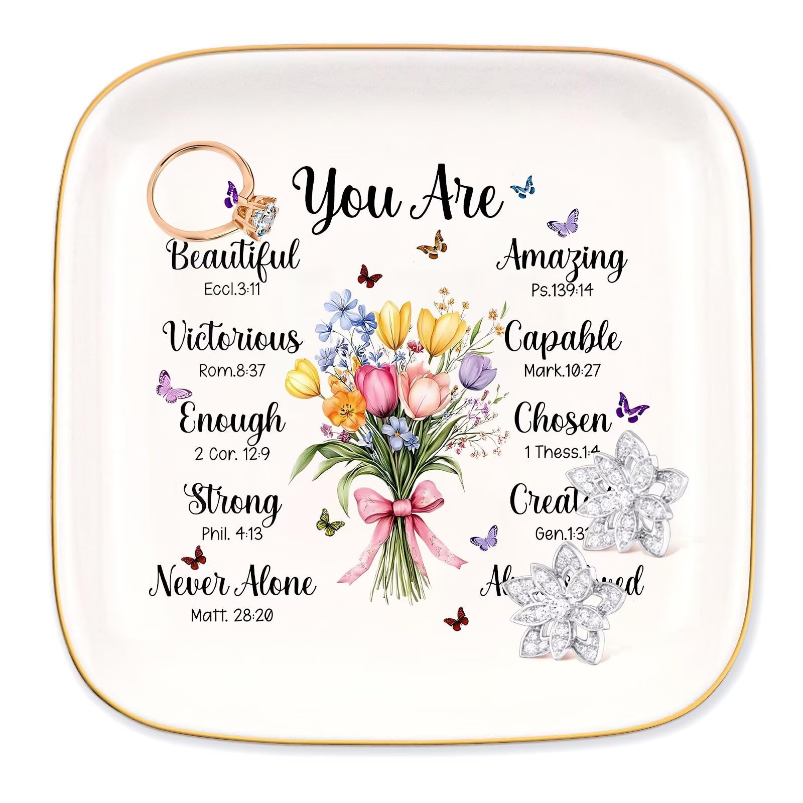 Ceramic Jewelry Ring Dish, Necklace Earrings Holders Tray Christian Gifts - Christian Bible Verse, Gifts for Mother's Day, Christmas, Thanksgiving, and Birthdays for women 4