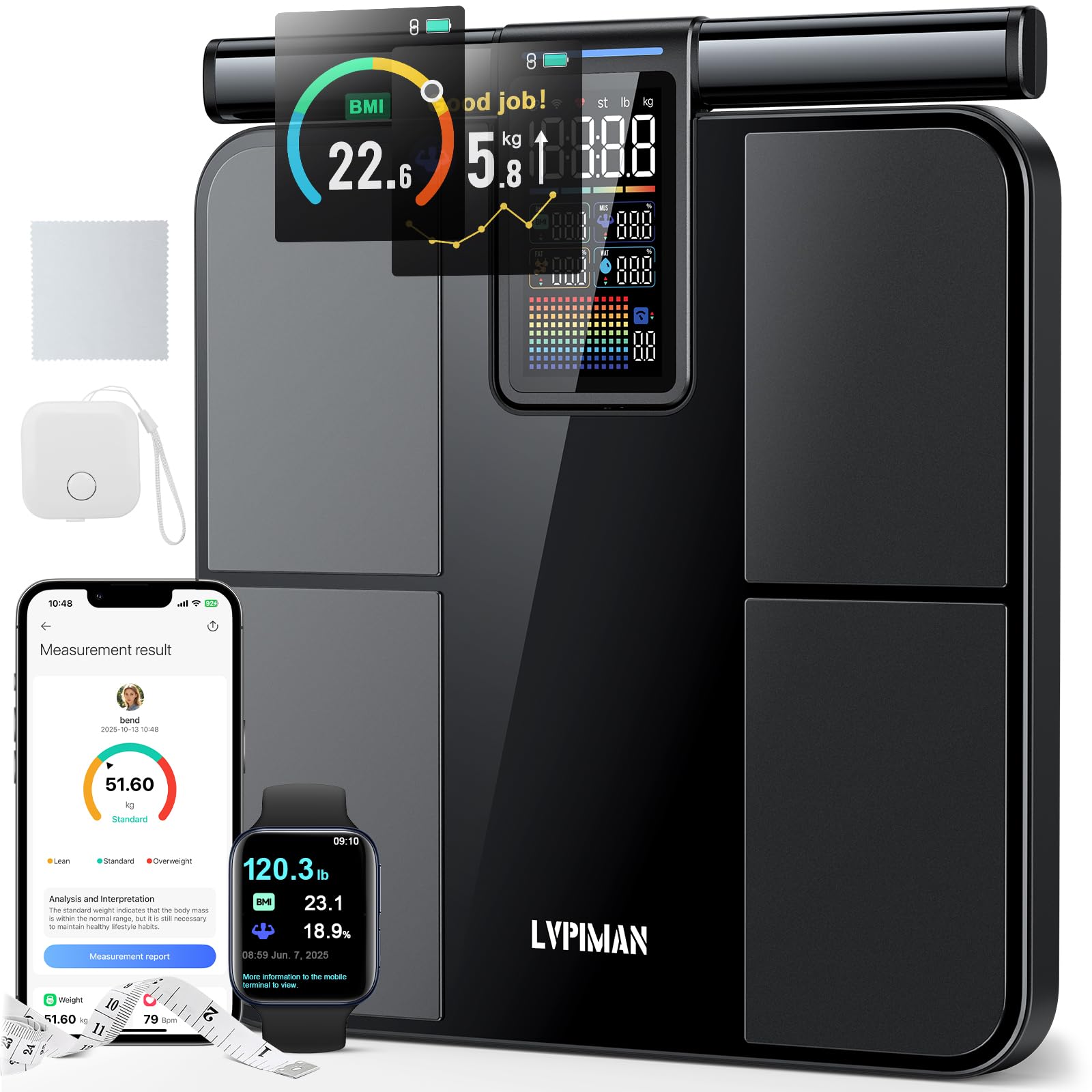 Photo 1 of LVPIMAN Smart Scale for Body Weight and Fat,BMI,Muscle Mass 57 Body Composition Measurement,8 Electrodes Digital Bathroom Scale,with 5.25-inch VA Color Screen on Retractable Handle,485lbs