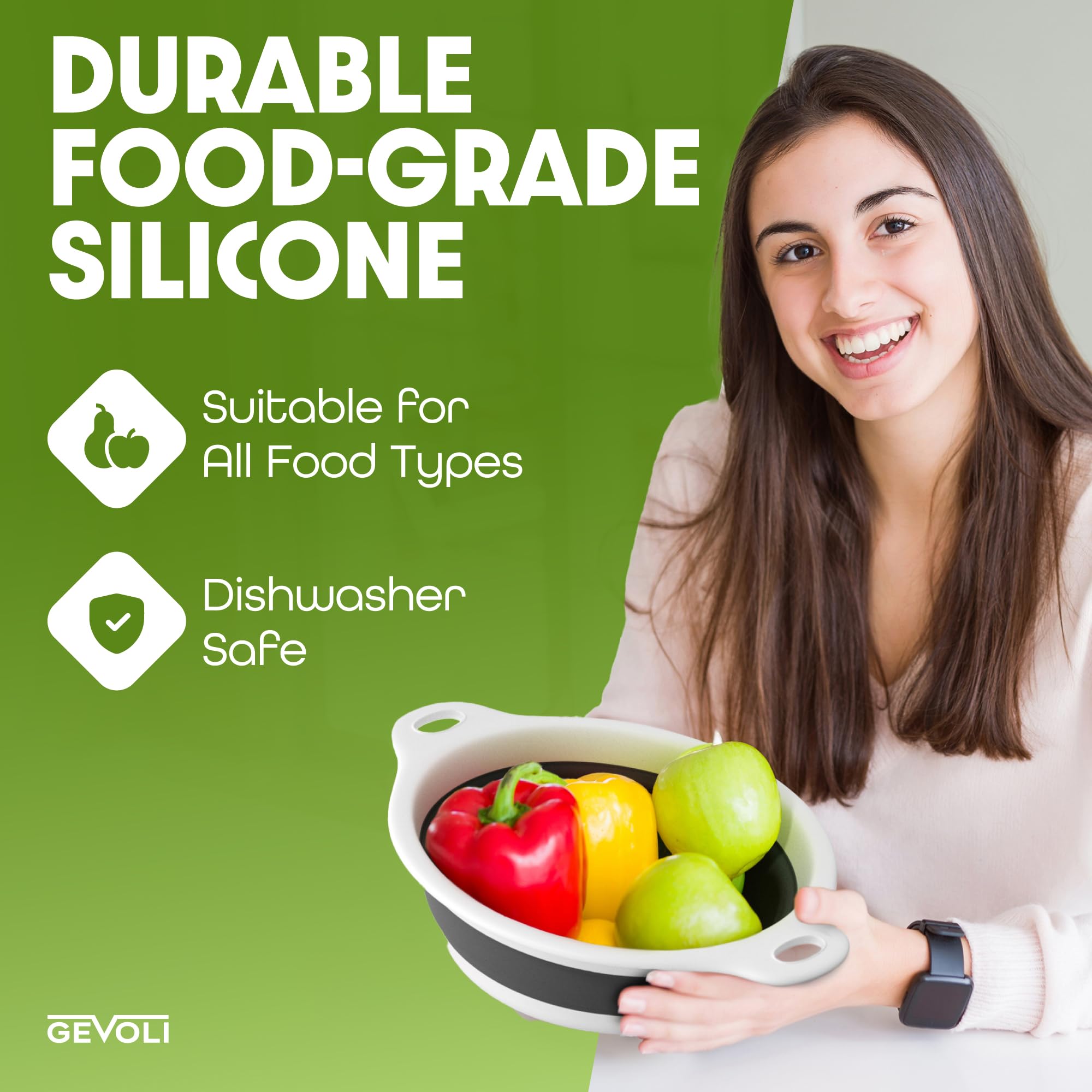 Set di 2 colini pieghevoli con base di drenaggio dell'acqua per pasta, frutta e verdura (4 e 5 quarti), colore: bianco e grigio