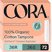 Cora Organic Cotton Tampons Multipack: 36 Regular & 36 Super, 100% Organic, BPA-Free Applicator, Leakproof Protection