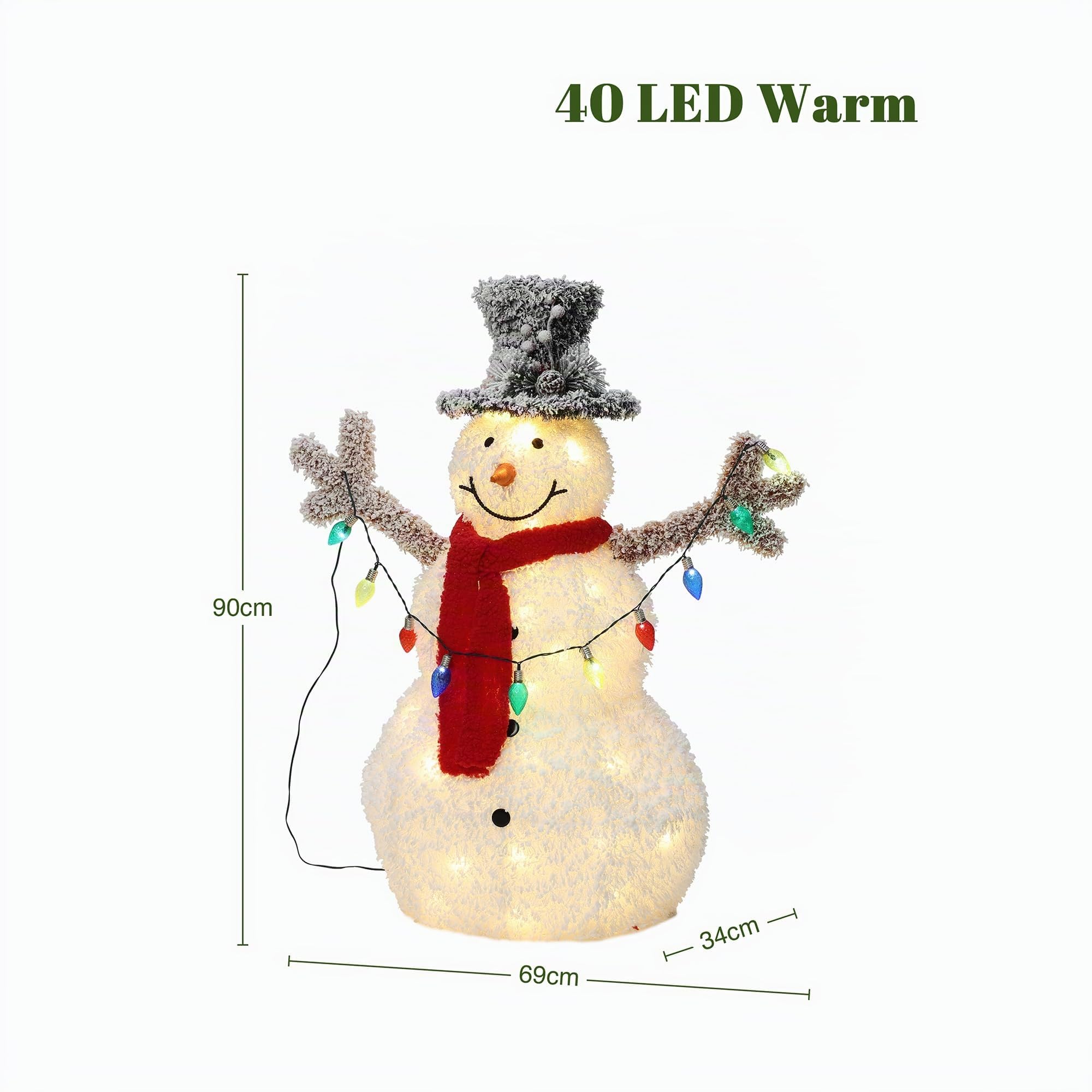 Hometopia LED Schneemann Deko mit Zylinderhut, Rotem Schal Leuchtende Weihnachtsfigur für Innen und Außen, Weihnachtsdeko