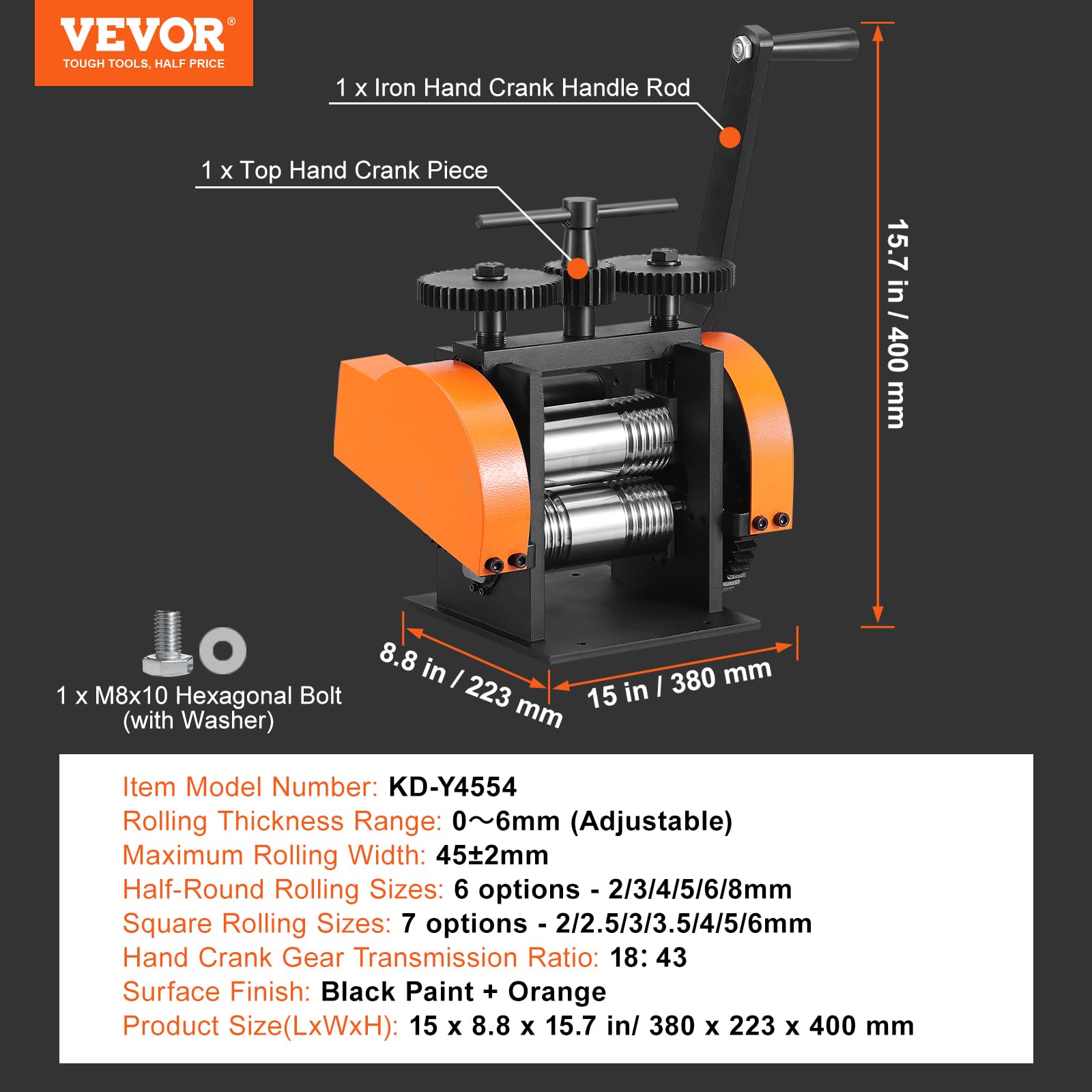 VEVOR Laminoir de Bijoutier Largeur 45 mm Machine de Laminage de Bijoux Épaisseur 0-6 mm Réglable Rapport d’Engrenage 1:2,4 pour Fabrication de Bijoux Traitement Tôle Or Argent Bague Bracelet Atelier