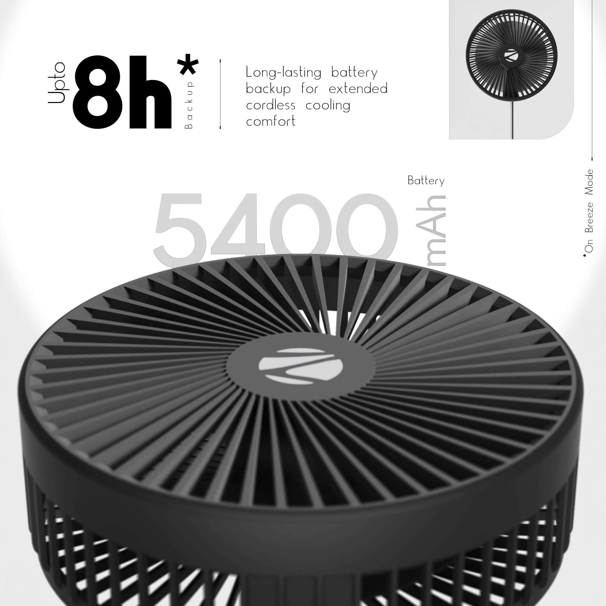 Zebronics Heat Buster 500 Portable Tower Fan, 6000 RPM, Up to 8H Backup, 3 Speed+Breeze Mode, 5400mAh Battery, Telescopic & Foldable Design, Type-C Charging, Suitable for Car, Black 1