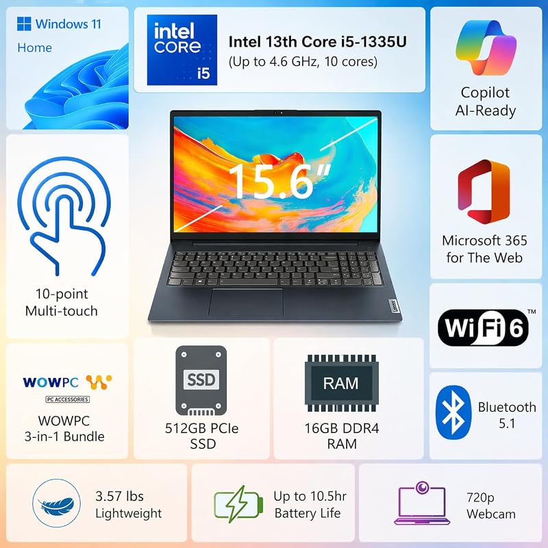 Lenovo Business Laptop, 15.6" FHD Touchscreen Display, Intel 13th 10-Core i5 CPU(Up to 4.6 GHz), 40GB RAM, 1TB SSD, Copilot AI, Wi-Fi 6, Windows 11 w/Microsoft 365 for The Web, WOWPC USB image 2