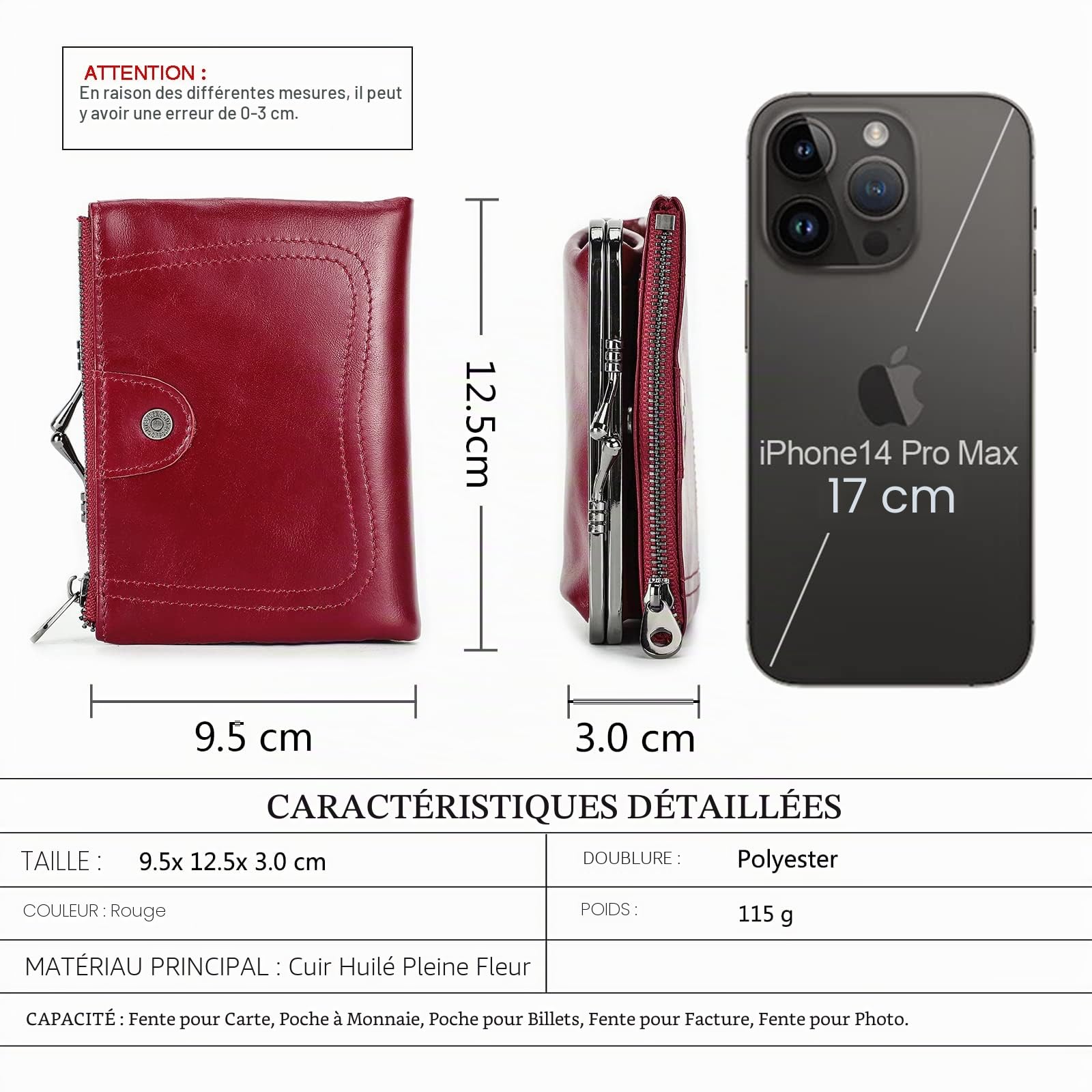 Contacts Portefeuille RFID pour Femme avec Serrure à Baiser,Porte-Monnaie Compact à Deux Volets en Cuir avec Poche zippée Porte-Cartes de crédit Petite avec fenêtre pour Carte d'identité Rouge