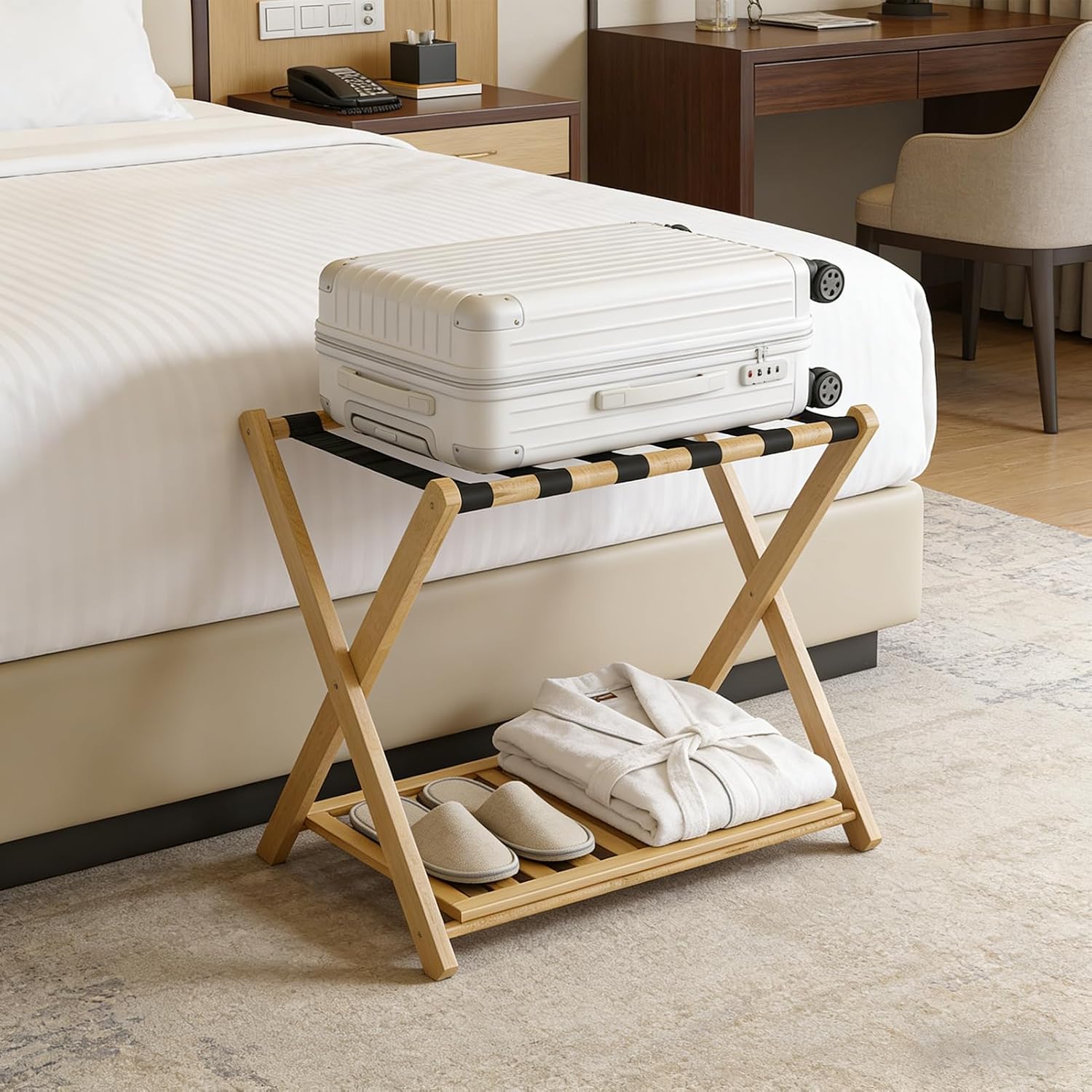 Luggage Rack, Foldable Thickened , Storage Shelf for Hotel Bedroom Guest Room, Sturdy X Shaped Structure, Easy Assembly, Spacious Design Suitcase Stand for Travelers