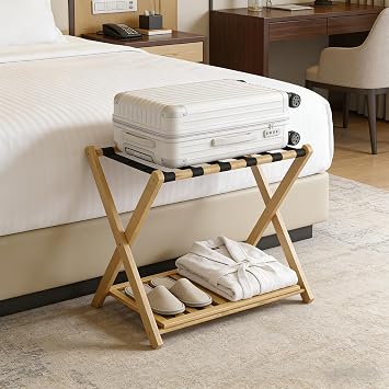 TARSHYRY Folding Luggage Rack, Fully Assembled Suitcase Stands with 6 Nylon Straps & Storage Shelf, 26.8 " Luggage Racks for Guest Room, Bedroom, Hotel Holds up to 200 lbs Wood Color