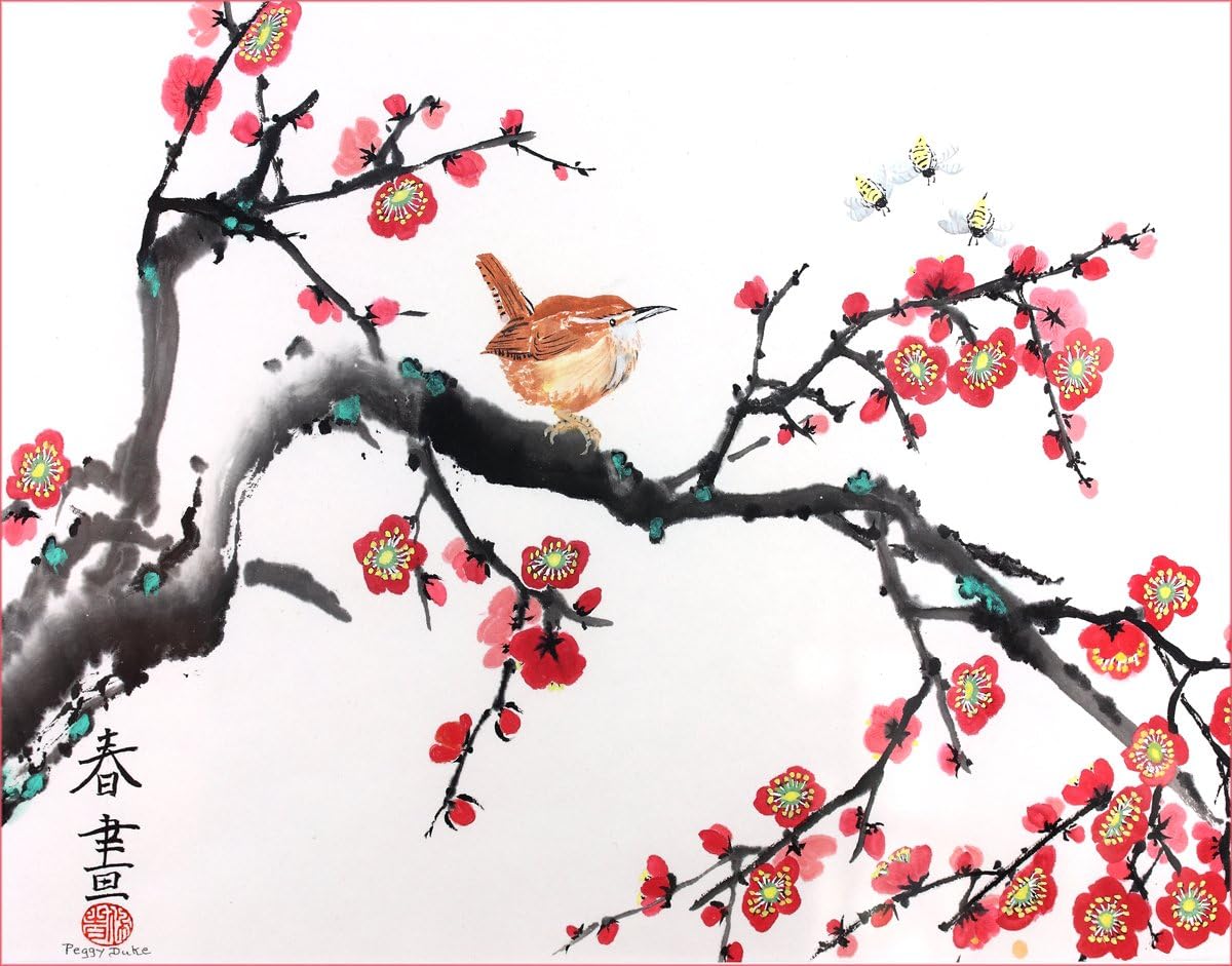Plum Blossoms and Wren, Giclee Print of Original Sumi-e Flower Painting by Peggy Duke, 14 X 18 Inches White Background