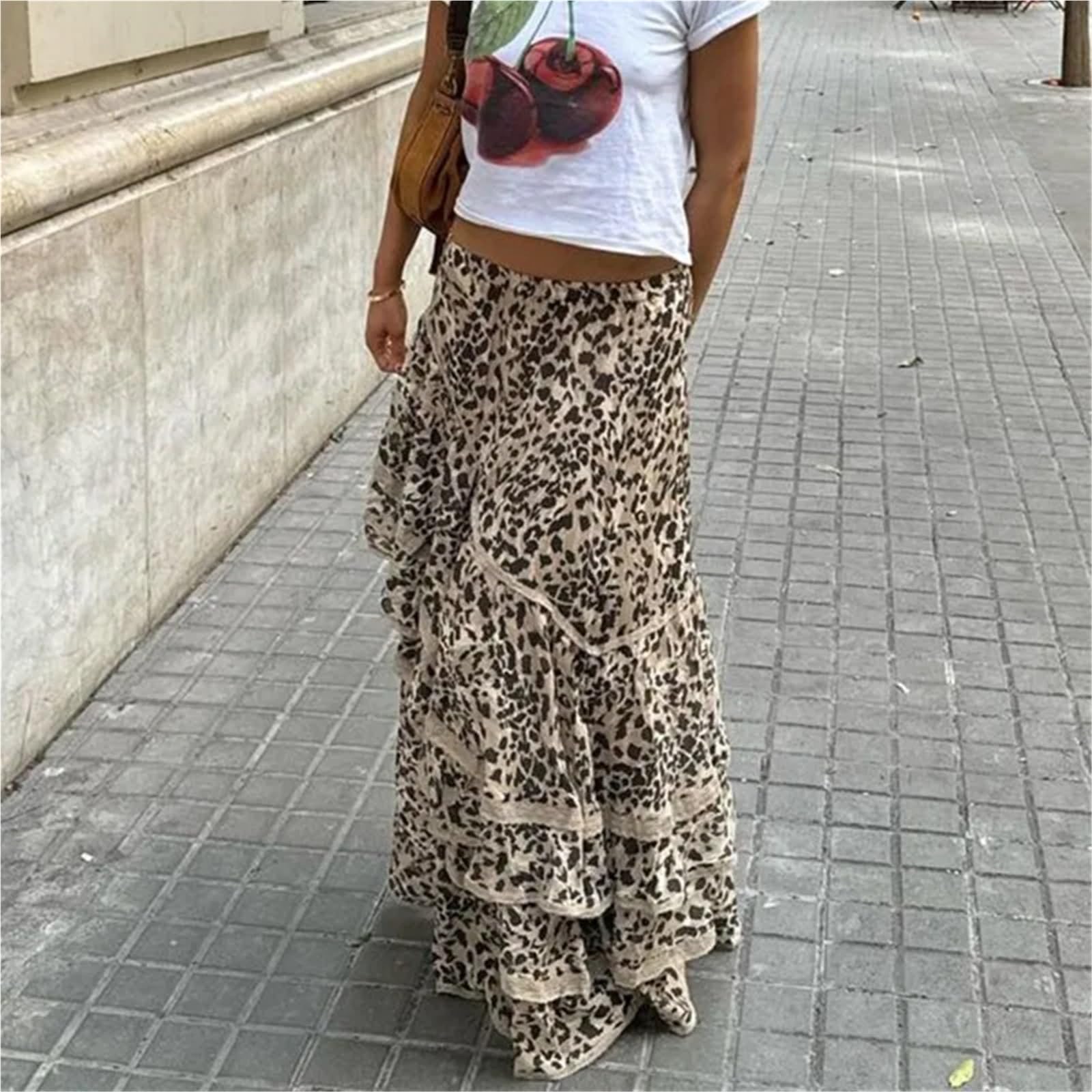 Falda de Leopardo Falda Larga de Fiesta Verano for Mujer, Falda Ajustada Cintura Alta con Volantes para Rave