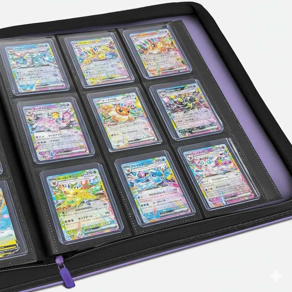 Toploader Binder, Oversized 9 Pocket 252 Top loaders Holder with Customizable Label Slot and Side-Loading Sleeves for Trading Cards in 3" x 4" Toploader (Purple)