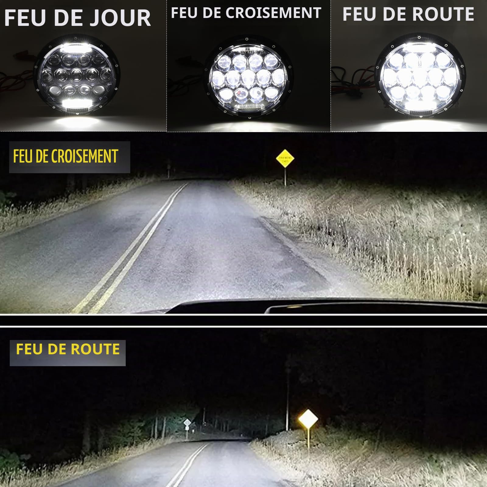 DREAMIZER 7'' Phare LED Moto Homologué E avec Indicateur Blanc DRL Angel Eye Ambre Compatible avec Harley Road King Street Glide Softail Electra Glide J-eep Wrangler JK TJ