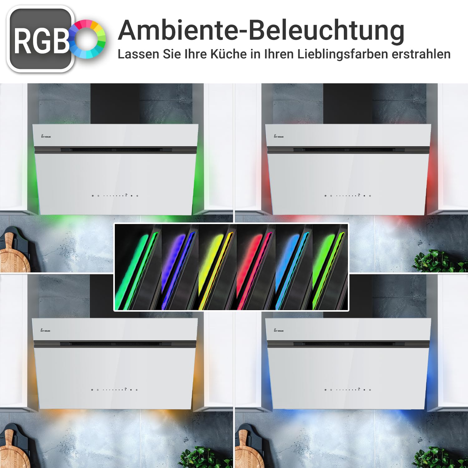 KKT KOLBE A+++ okap kuchenny 90 cm 782 m³/h obieg powietrza wylotowego bez głowy | czarne białe szkło | automatyczne postępowanie | Smart WiFi App WLAN | SensorTouch | RGBW oświetlenie LED |