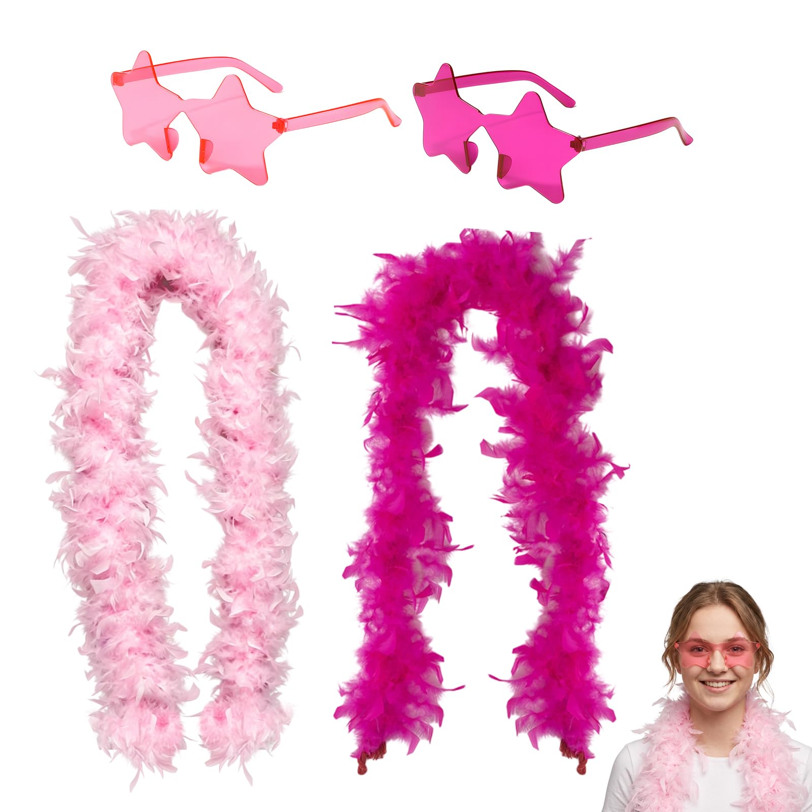 4 Pcs Feather Boa and Glasses Set, Pink and Rose Red Feather Boas Multipack with Party Glasses, Fancy Dress Accessories for Festivals and Photo Booths, for Dancing Wedding Party Cosplay Halloween